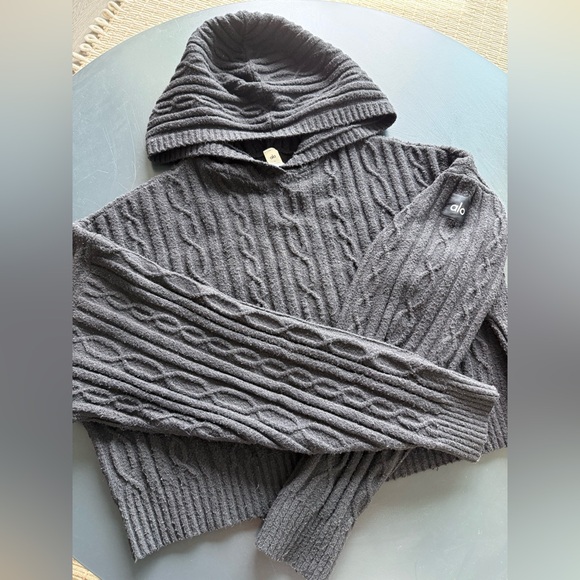 ALO Yoga Black Cable Knit Hooded Sweater - Picture 4 of 4